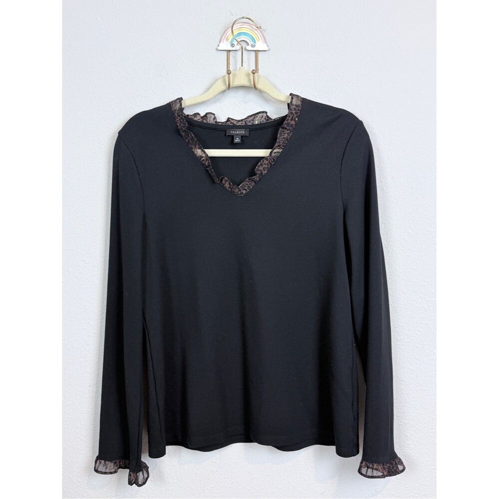 Talbots Black Long Sleeve V-Neck Top Animal Print Lace-Trim M